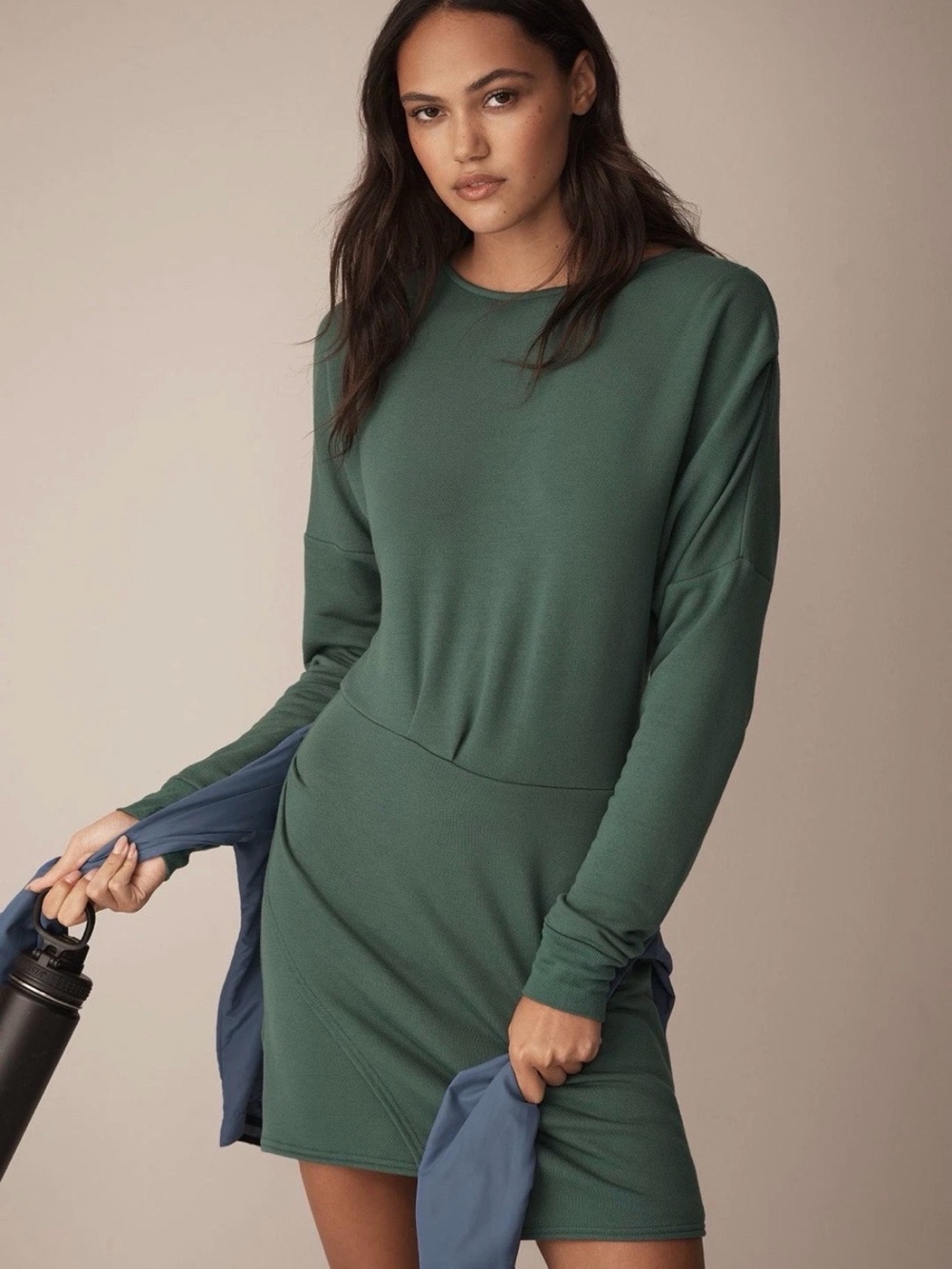 Forest Green Long-Sleeve Women's Crewneck Dress